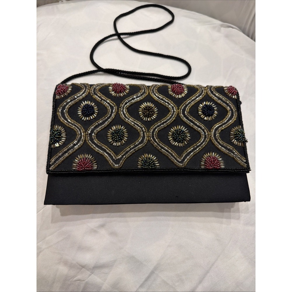 Vintage Carla Marchi Beaded Evening Clutch Black Satin Shoulder Bag - Picture 1 of 10
